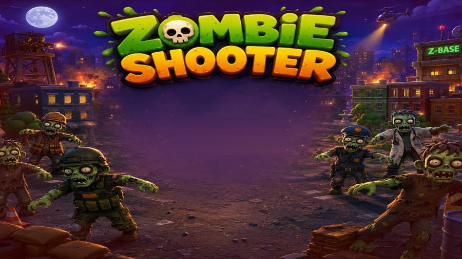 Titelbild von Zombie Shooter: der Schriftzug ueber einer zerstoerten Stadt bei Nacht, davor sechs Zombies in Uniform, Arztkittel und Bauhelm.